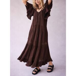 Free People Dream On Maxi Dress XS Brown Boho Lace Tiered Flowy